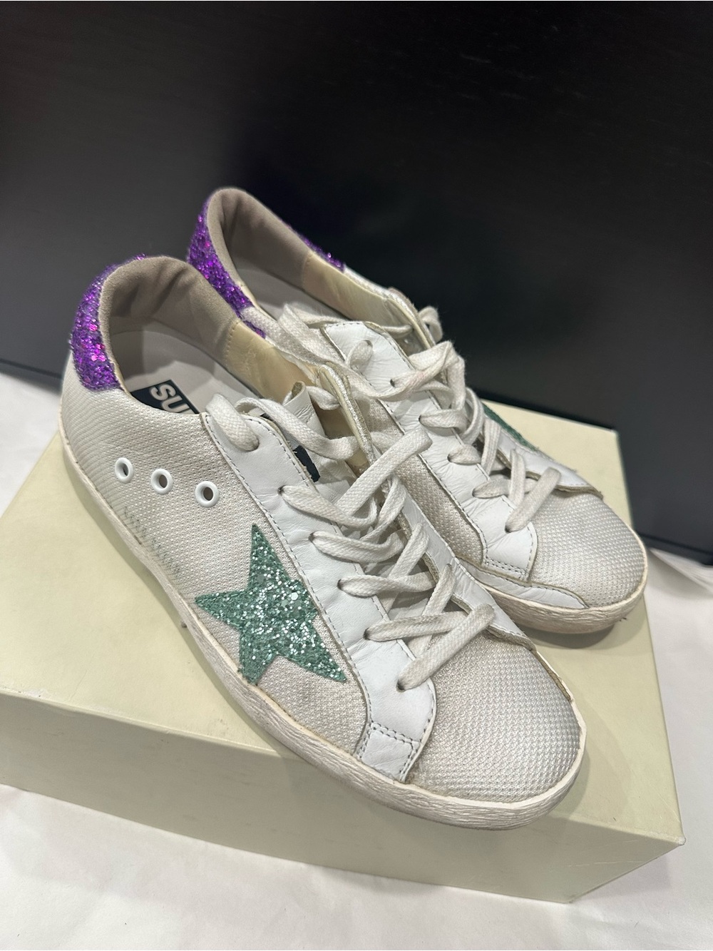 Golden Goose White Sneakers with Mint Green Glitter Star and Purple Heel